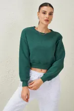 Women's Navy Blue Crew Neck Three-Thread Oversize Crop Sweatshirt