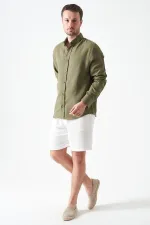 Erkek Haki Uzun Kol Regular Basic Müslin Gömlek