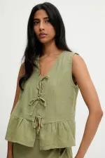 Kadın Haki Önü Bağlamalı Kolsuz Eteği Fırfırlı Muslin Bluz