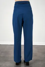 Kadın İndigo Yüksel Bel Deri Kemerli Poplin Pantolon