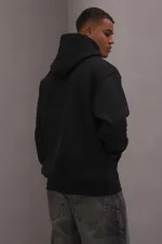 Men's Black Hooded Three-Thread Basic Sweatshirt