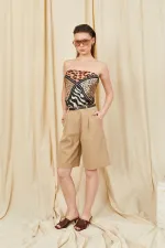 Kadın Vizon 2037 Tek Pileli Kemerli Bermuda Şort