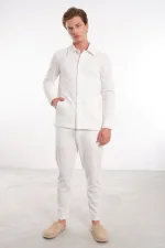 Erkek Ekru Beli Lastikli ve İpli Arka Cep Düğmeli Pantolon