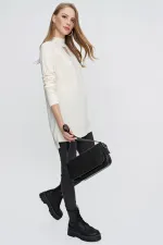 Kadın Ekru Önü Pencereli Triko Kazak