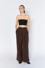 Women's Coffee YP5115 Double Pleated Wide Leg Tencel Trousers