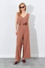 Kadın Mocha Sırtı Çapraz Bol Kesim Krep Tulum