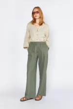 Kadın Haki Bol Paça Dışarıdan Cepli Keten Pantolon