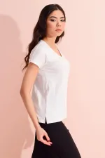 Kadın Ekru V Yaka Geniş Salaş Tişört