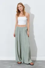 Kadın Çağla Beli Lastikli Bol Paça Kırışık Pantolon