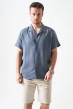 Erkek Antrasit Kısa Kol Apaj Yaka Müslin Regular Gömlek