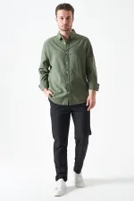 Erkek Haki Uzun Kol Basic Pamuk Flam Regular Gömlek