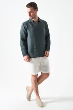 Erkek Çam Yeşili Uzun Kol V Ayaklı Yaka Regular Müslin Gömlek