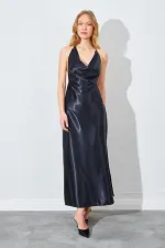 Kadın Siyah Degaje Yaka Saten Uzun Elbise