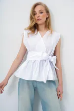 Kadın Beyaz Beli Kuşaklı Sıfır Kol Midi Gömlek Kadın Beyaz Beli Kuşaklı Sıfır Kol Midi Gömlek