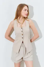 Gilet en lin pour femme, col carré en pierre, lien dans le dos