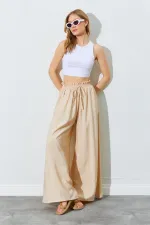 Kadın Bej Beli Kalın Lastikli Bol Kesim Modal Pantolon