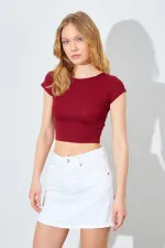 Kadın Bordo (25511) Bisiklet Yaka Full Likra Ribana Kısa Tişört