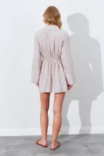 Kadın Bej Beli Oturtmalı Gömlek Yaka Elbise