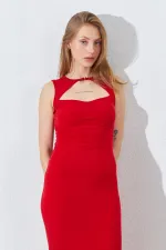 Kadın Kırmızı Önü Pencere Detaylı Elbise