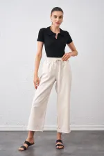 Kadın Taş Beli Bağlamalı Geniş Piş Dikişli Paça Pantolon