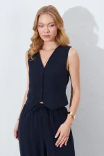 Women's Black Vest with Welt Pockets and Back Trim