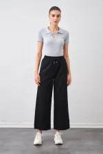 Kadın Siyah Beli Bağlamalı Geniş Piş Dikişli Paça Pantolon