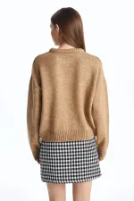 Kadın Vizon Bisiklet Yaka Kalın Manşetli Basic Kısa Şardonlu Triko Kazak