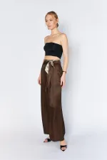 Women's Coffee Brown Wide-Leg Trousers with Scarf Belt and Flush Satin Fabric