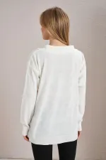 Kadın Ekru Gömlek Yaka Basic Triko Kazak