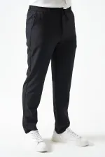 Erkek Siyah Beli Yarım Lastikli ve Fermuarlı Yerli Teknik SRN42 Kumaş Pantolon