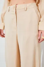 Kadın Bej Paça Düğmeli Modal Kumaş Pantolon