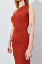 Kadın Kiremit Tek Omuz Yanı Drapeli Sandy Elbise