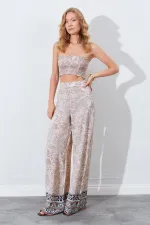 Kadın Vizon Croplu-Palozzo Pantolonlu Desenli Takım