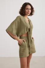 Kadın Haki Beli Lastikli Müslin Şort