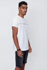 Erkek Ekru Bisiklet Yaka Focus Baskılı Tişört