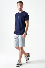 Men's Blue Five-Pocket Capri Pants with Drawstring and Back Snap Closure