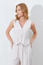 Women's Light Beige Vest with Welt Pockets and Back Detail