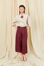 Women's Burgundy Double Pleated Bemuda Linen Trousers with Belt Detail