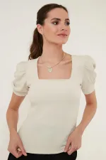 Kadın Taş Balon Kol Kare Bürümcük Kumaş Bluz