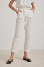 Women's Off-White Muslin Pants with Elastic Waist and Carrot Leg
