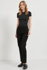 Kadın Siyah Bisiklet Yaka Kısa Kollu Licralı Body