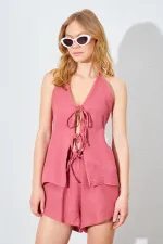 Kadın Gül Önü İp Bağlamalı Müslin Kumaş Bluzlu Şortlu Takım