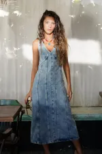 Kadın Mavi Tint Önü Ve Arkası Açık Uzun Denim Elbise