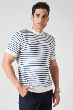 Erkek Ekru Bisiklet Yaka Çizgili Triko Tişört