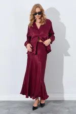 Kadın Bordo Saten Uzun Etek