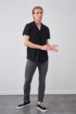 Erkek Siyah Kısa Kollu Ottoman Kumaş Apaş Yaka Gömlek