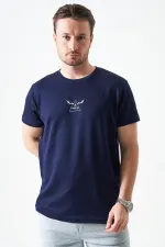 T-shirt décontracté en modal imprimé bleu marine à col rond pour homme