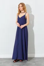 Women's Navy Blue V-Neck Loose-Fitting Modal Dress
