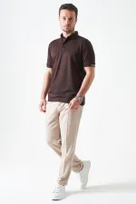 Erkek Kahve Ayaklı Düğmeli Yaka Desenli Şerit Detaylı Tişört