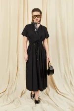 Kadın Siyah 199 Düşük Kol Pile Detaylı Önü Düğmeli Poplin Elbise